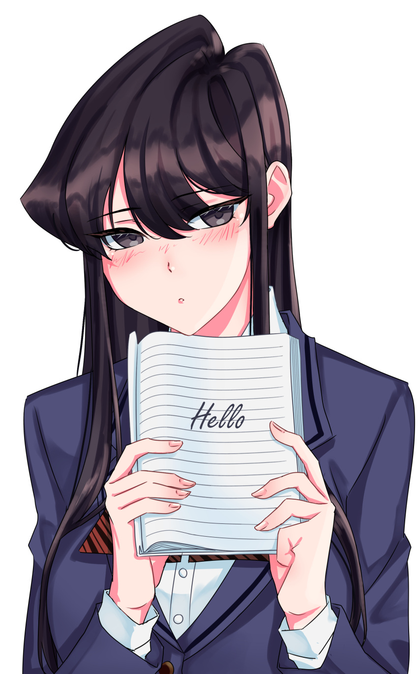1girl absurdres bangs black_eyes black_hair blue_jacket blush commentary_request english_text eyebrows_visible_through_hair highres holding holding_notebook jacket komi-san_wa_komyushou_desu komi_shouko long_hair long_sleeves looking_at_viewer notebook parted_lips school_uniform simple_background solo swept_bangs tylergreen upper_body white_background