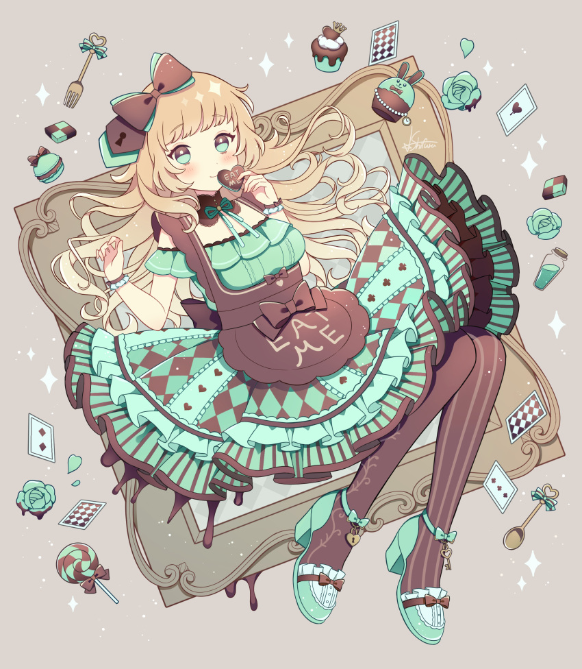 1girl alice_(alice_in_wonderland) alice_in_wonderland ankle_strap apron argyle bangs blonde_hair blunt_bangs bow card center_frills chocolate_syrup closed_mouth club_(shape) detached_collar dress eat_me flower food fork frills green_eyes hair_bow heart heart-shaped_food high_collar highres holding holding_food key layered_dress light_smile lock lolita_fashion long_hair medium_dress multicolored_clothes multicolored_dress neck_ribbon original pantyhose petals petticoat picture_frame playing_card print_legwear ribbon rose smile solo spade_(shape) sparkle spoon star_furu strapless strapless_dress strappy_heels striped striped_legwear sweets two-tone_dress wrist_cuffs