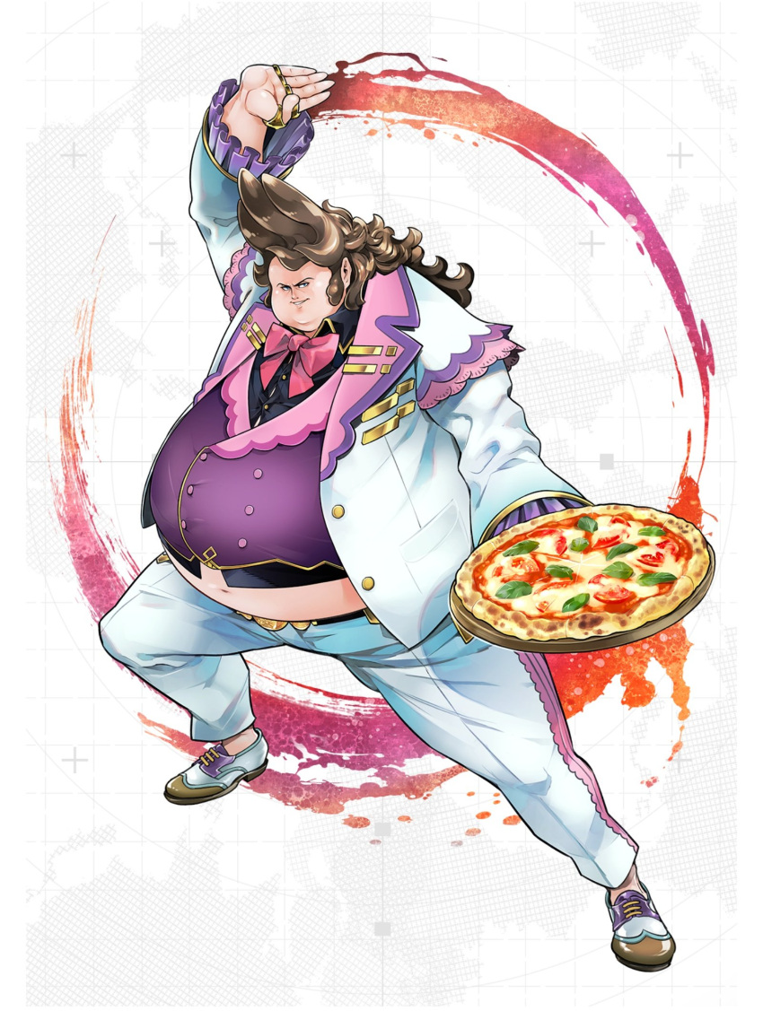 #compass 1boy arm_up aura belly belt black_shirt blue_eyes bow bowtie brown_hair buttons cheese collared_shirt fat fat_man food frilled_sleeves frills full_body fuse_ryuuta grin happy highres holding holding_food holding_tray jacket jewelry leaf legs_apart long_hair looking_at_viewer male_focus multicolored_footwear navel official_art open_clothes open_jacket pants pierre_the_77th pizza pocket purple_best red_bow red_bowtie ring shiny shiny_hair shirt shoes sidelocks smile solo source_request standing teeth tomato tray undersized_clothes white_background white_jacket white_pants