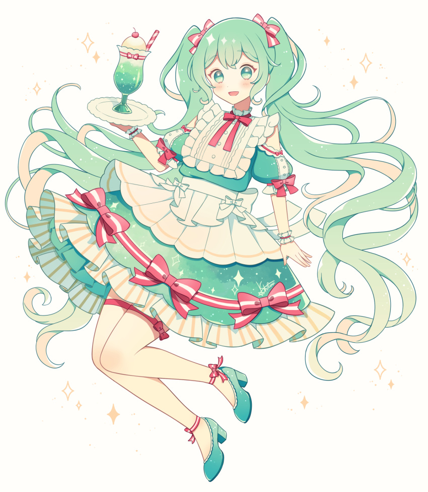 1girl :d apron back_bow bare_shoulders blush bow buttons center_frills collar dress dress_bow drink floating food frilled_collar frills green_eyes green_hair hair_bow hatsune_miku highres holding holding_plate ice_cream ice_cream_float layered_dress long_hair looking_at_viewer medium_dress neck_ribbon petticoat plate puffy_short_sleeves puffy_sleeves ribbon ribbon_trim short_sleeves signature sleeve_bow smile solo sparkle star_furu strappy_heels striped striped_ribbon thigh_strap twintails very_long_hair vocaloid waist_apron waitress wavy_hair wrist_cuffs