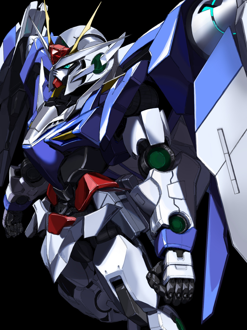 00_gundam 00_raiser black_background blue_eyes clenched_hands gn_drive gundam gundam_00 highres looking_ahead mecha mobile_suit no_humans orrdriver science_fiction solo v-fin