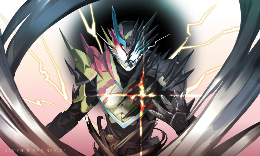 1boy alternate_costume armor black_armor darkness evolution glowing glowing_eyes green_armor highres jiuri_jiuhao kamen_rider kamen_rider_jack_revice kamen_rider_revi kamen_rider_revice light lightning male_focus pink_armor power_armor red_eyes revice_driver symbol-only_commentary thundergale_revice thundergale_vistamp transformation