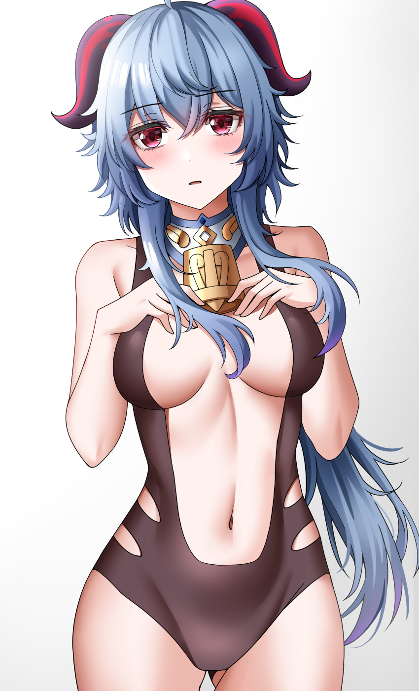 1girl absurdres ass_visible_through_thighs bangs bell blue_hair blush breasts eyebrows_visible_through_hair ganyu_(genshin_impact) genshin_impact groin hand_on_own_chest highres horns landel long_hair looking_at_viewer medium_breasts navel neck_bell parted_lips sidelocks solo standing swimsuit thigh_gap thighs violet_eyes