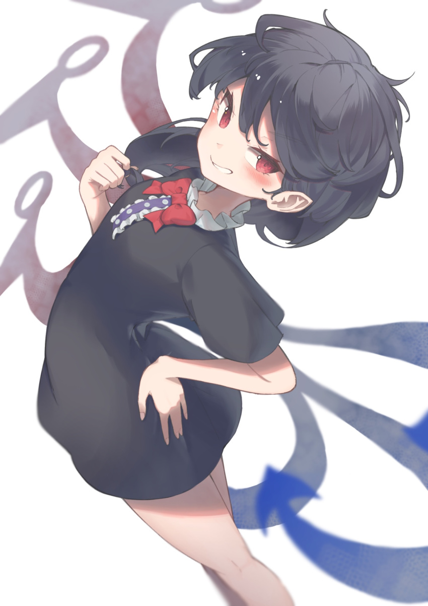 1girl asymmetrical_wings black_dress black_hair blue_wings center_frills commentary_request dress frilled_dress frills garasuno hand_in_own_hair hand_on_hip highres houjuu_nue legs medium_hair red_eyes red_wings short_dress short_sleeves simple_background solo touhou white_background wings