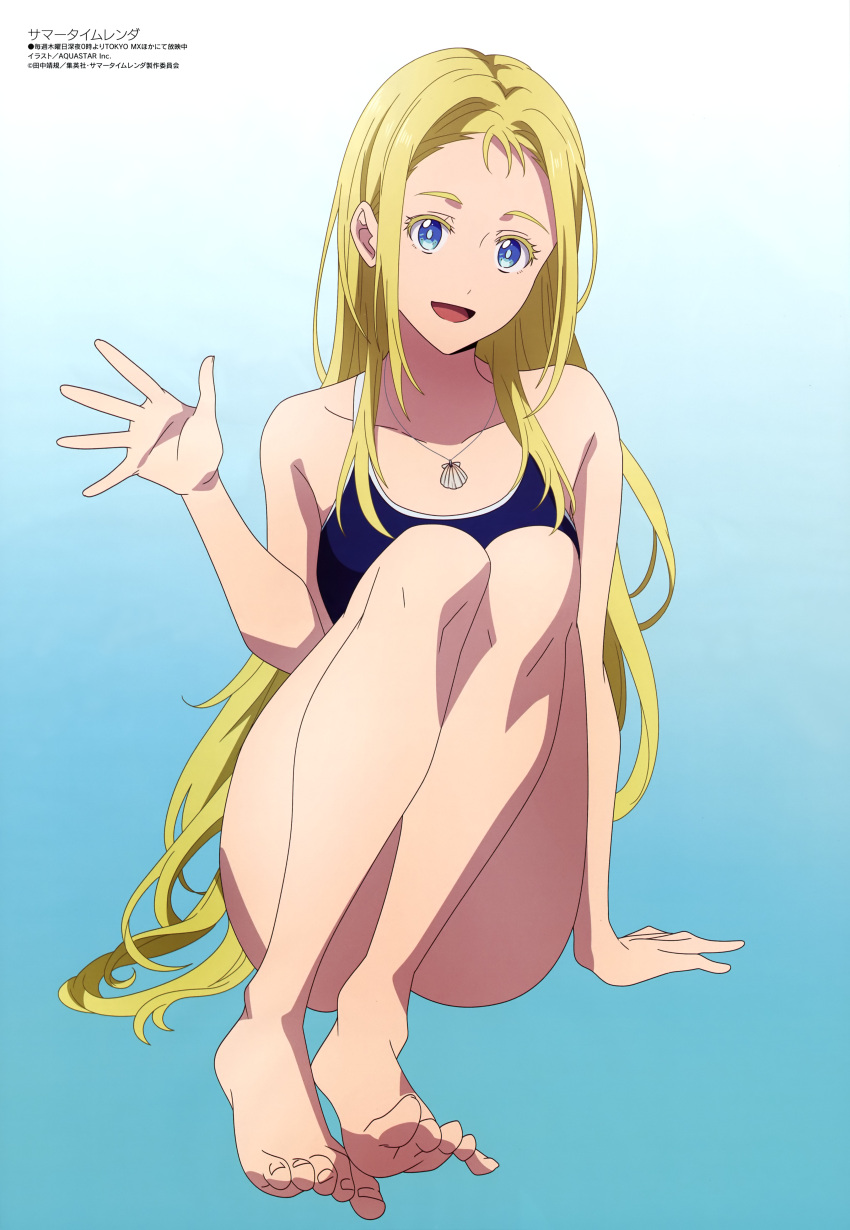 absurdres arm_support bangs bare_arms bare_legs barefoot black_swimsuit blonde_hair blue_eyes collarbone full_body gradient gradient_background highres kofune_ushio long_hair megami_magazine official_art one-piece_swimsuit open_mouth parted_bangs scan school_swimsuit shell_necklace simple_background sitting smile summertime_render swimsuit toes waving