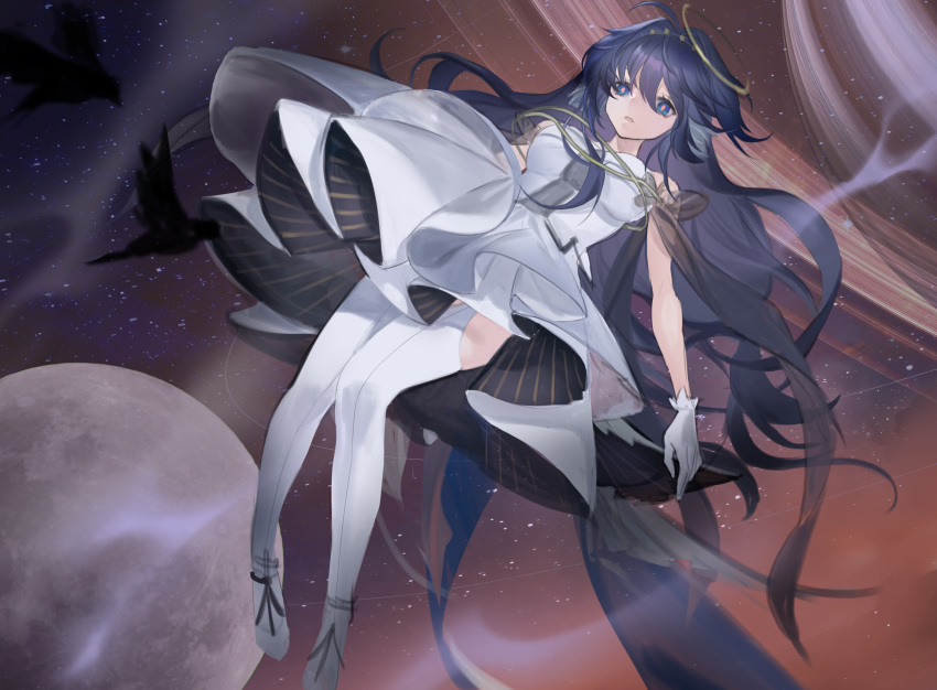 1girl ahoge arknights astesia_(arknights) bangs bare_shoulders bird blue_eyes blue_hair breasts dress fengyin_shici_guozi front-tie_bra full_body garter_straps gloves halo highres long_hair looking_at_viewer medium_breasts moon parted_lips solo space thigh-highs very_long_hair white_dress white_gloves white_legwear