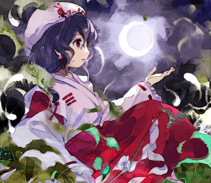 1girl beret branch bush commentary_request crescent_moon detached_sleeves earrings frilled_sleeves frills gohei hat highres japanese_clothes jewelry kaigen_1025 kimono leaf long_sleeves moon moonlight's_anti-soul_(touhou) night night_sky open_mouth outdoors parted_lips portrait_of_exotic_girls purple_hair red_eyes red_skirt ribbon-trimmed_sleeves ribbon_trim skirt sky touhou white_headwear white_kimono wide_sleeves yin_yang yin_yang_earrings