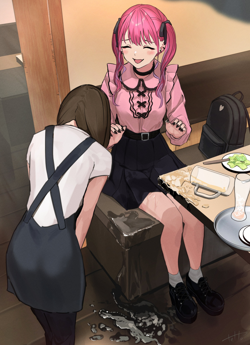 2girls absurdres backpack bag belt black_bag black_belt black_footwear black_nails black_ribbon black_skirt brown_hair buta5813 butler closed_eyes commentary fang grey_legwear hair_ribbon highres long_hair long_sleeves multiple_girls open_mouth original pink_shirt purple_hair restaurant ribbon shirt sitting skin_fang skirt standing two_side_up