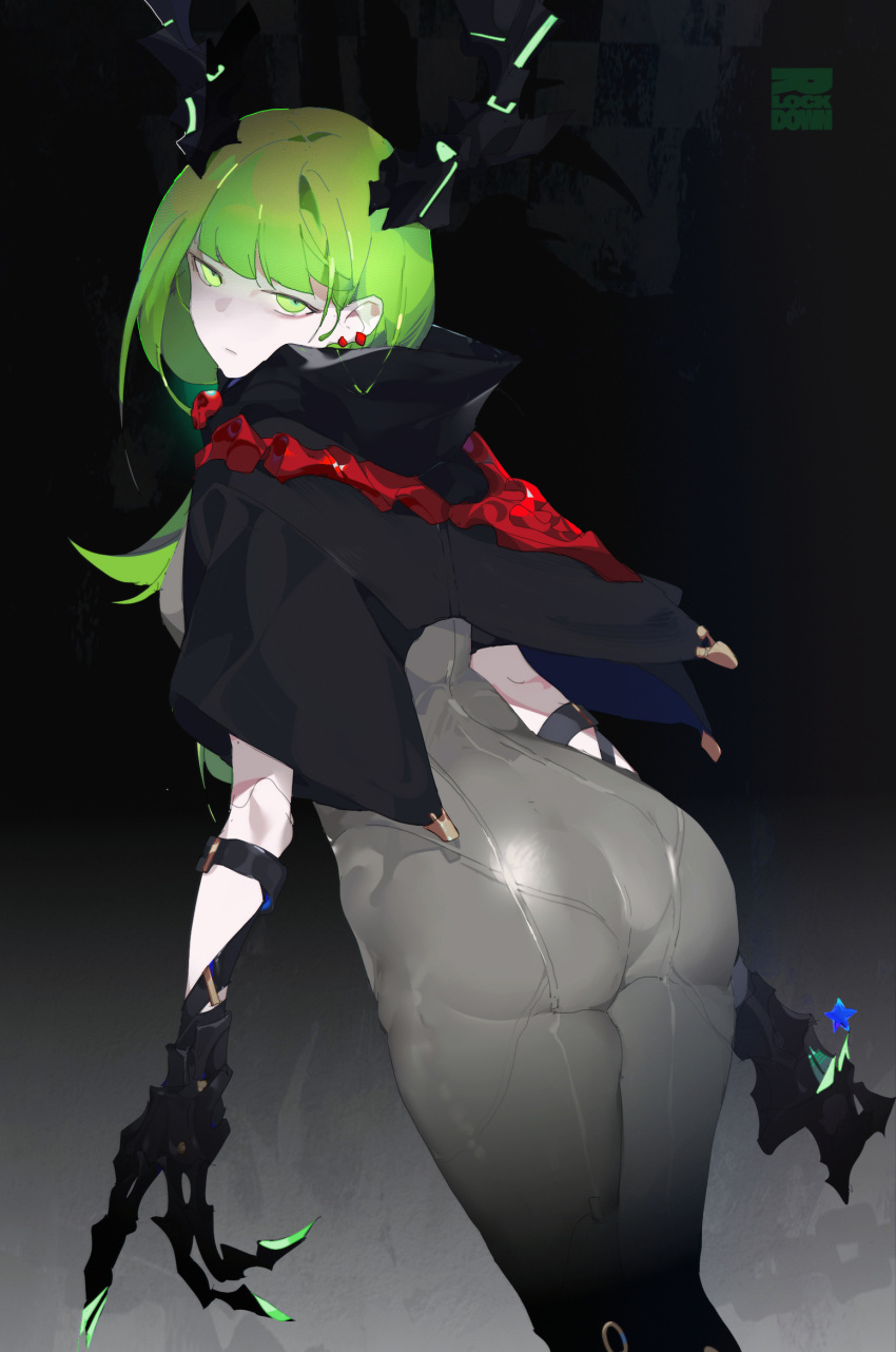 1girl ass black_horns black_rock_shooter black_rock_shooter:_dawn_fall bodysuit claw_(weapon) closed_mouth dead_master earrings from_behind green_eyes green_hair grey_bodysuit half-closed_eyes highres horns jewelry long_hair looking_back pale_skin rai_(97417) revision shiny shiny_clothes sketch skin_tight skull solo star_(symbol) tight weapon
