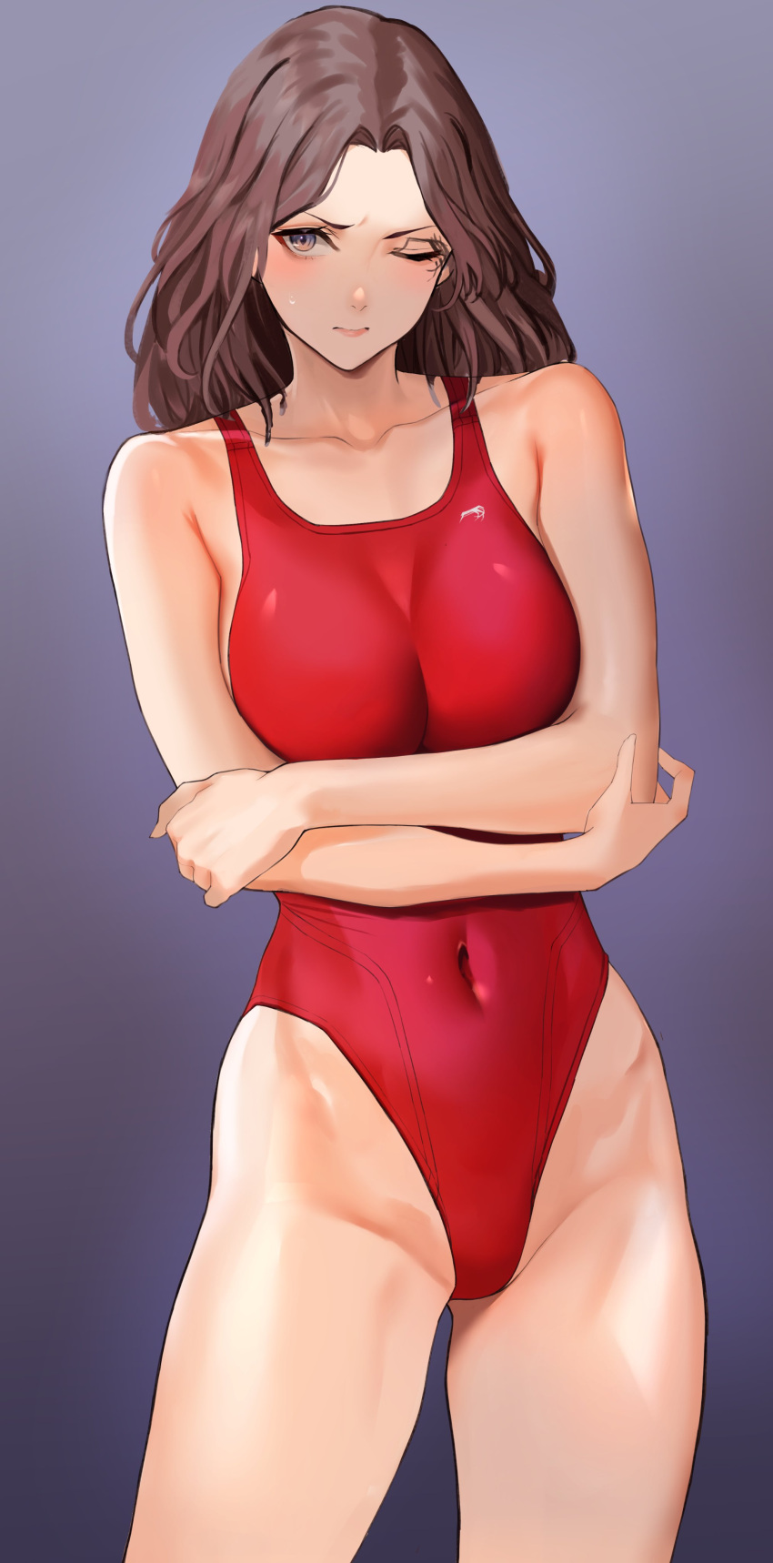 1girl absurdres alternate_costume arms_under_breasts bare_shoulders breasts brown_hair collarbone commentary_request competition_swimsuit covered_navel cowboy_shot elden_ring grey_eyes highleg highleg_swimsuit highres light_blush lips long_hair looking_at_viewer medium_breasts melina_(elden_ring) one-piece_swimsuit one_eye_closed red_swimsuit sawatari_kazuma simple_background solo standing sweatdrop swimsuit thighs
