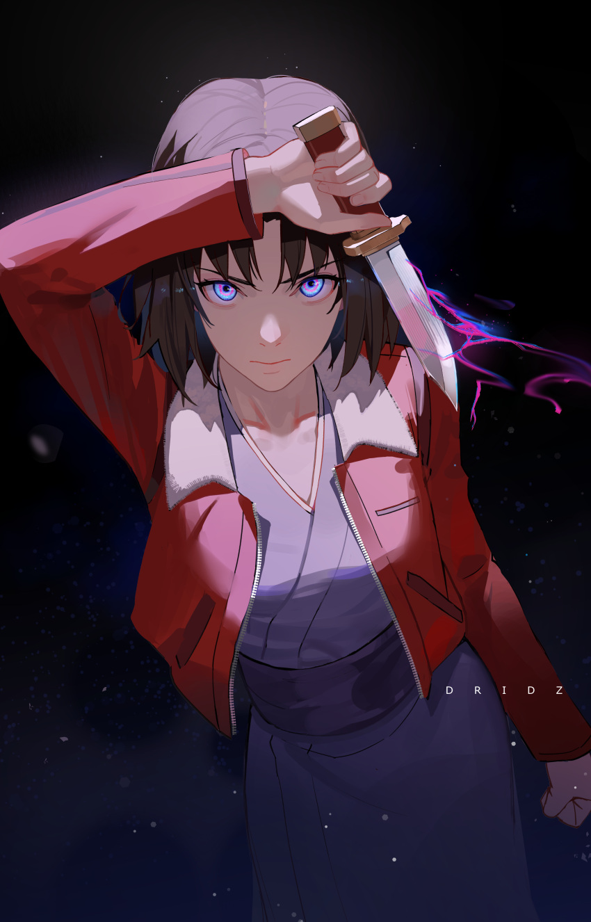 1girl absurdres arm_at_side arm_up artist_name bangs blue_eyes blue_kimono breast_pocket brown_hair clenched_hand closed_mouth commentary cropped_jacket drid fur-trimmed_jacket fur_trim glowing glowing_eyes highres holding holding_knife jacket japanese_clothes kara_no_kyoukai kimono knife long_sleeves looking_at_viewer open_clothes open_jacket parted_bangs pocket red_jacket ryougi_shiki sash solo standing unzipped