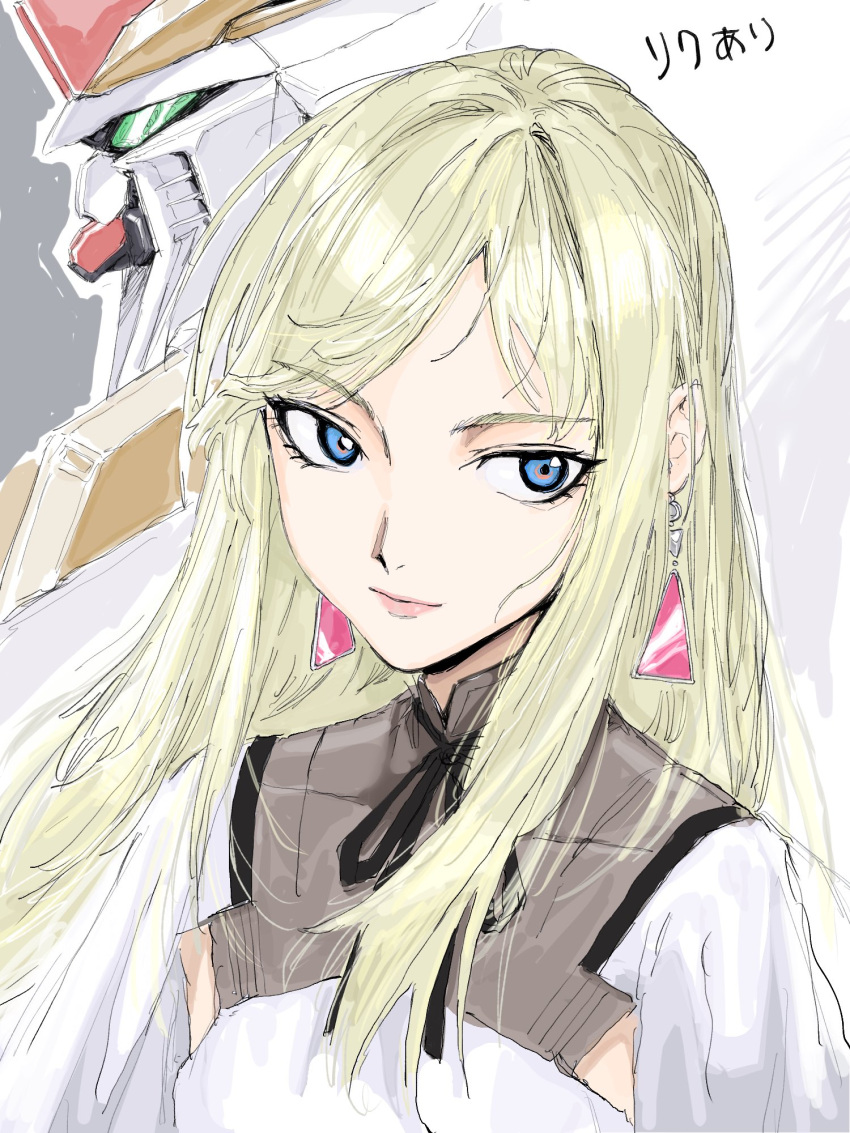 1girl bangs blue_eyes capelet earrings gigi_andalusia green_eyes gundam gundam_hathaway's_flash hair_behind_ear highres jewelry light_smile long_hair looking_to_the_side mecha mobile_suit orrdriver triangle_earrings v-fin white_capelet xi_gundam