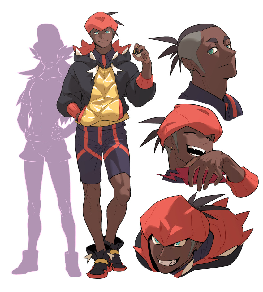 1boy :d absurdres black_hoodie closed_mouth collared_shirt commentary dark-skinned_male dark_skin earrings full_body hand_in_pocket hand_up headband highres holding holding_poke_ball hood hoodie jewelry knees leon_(pokemon) looking_at_viewer male_focus multiple_views open_mouth orange_headband poke_ball pokemon pokemon_(game) pokemon_swsh raihan_(pokemon) redlhzz shirt short_hair smile standing teeth ultra_ball undercut