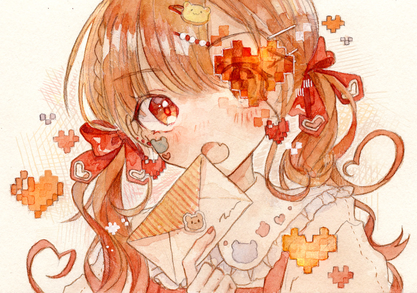 1girl :o bangs bear_hair_ornament blush bow braid brown_eyes clothing_cutout collared_shirt earrings envelope fang frilled_shirt_collar frills hair_bow hair_ornament hairclip heart_cutout heart_hair highres holding holding_envelope jewelry kurebe letter long_hair looking_to_the_side low_twintails nail_polish open_mouth orange_hair original painting_(medium) pixel_heart puffy_sleeves shirt side_braid solo sticker_on_face traditional_media twintails v-shaped_eyebrows watercolor_(medium)