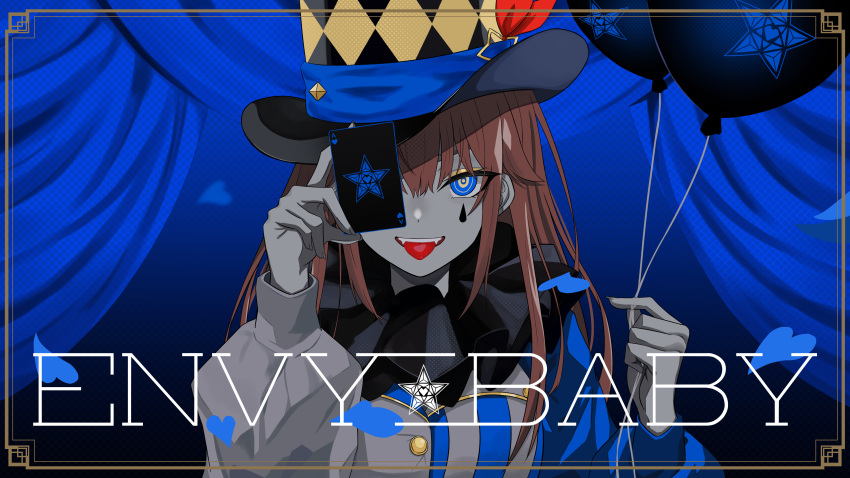 1girl absurdres asymmetrical_sleeves balloon bangs blue_curtain blue_eyes blue_theme brown_hair card clown colored_skin commentary_request confetti curtains envy_baby_(vocaloid) framed grey_skin hat hat_ornament highres holding holding_balloon holding_card hololive long_hair long_sleeves looking_at_viewer mismatched_sleeves neck_ruff official_art puffy_long_sleeves puffy_sleeves shirokumo_46 solo song_name stage stage_curtains star_(symbol) star_hat_ornament teardrop_facial_mark teeth tokino_sora tongue tongue_out top_hat