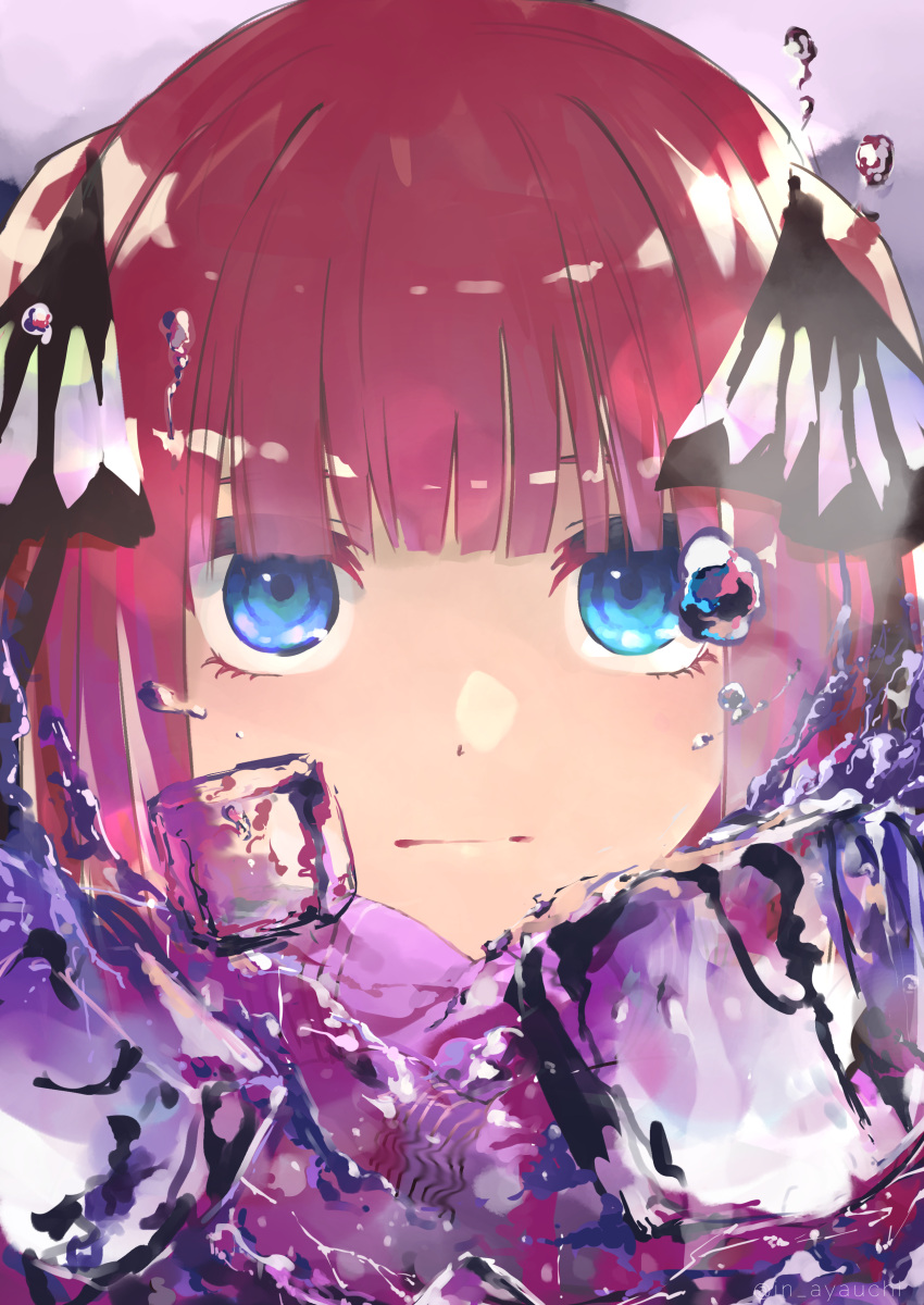 1girl absurdres ayauchi bangs black_ribbon blue_eyes blunt_bangs blush bubble butterfly_hair_ornament closed_mouth eyebrows_behind_hair go-toubun_no_hanayome hair_ornament highres ice ice_cube looking_at_viewer nakano_nino pink_hair pink_scarf purple_background raised_eyebrows ribbon scarf simple_background twintails