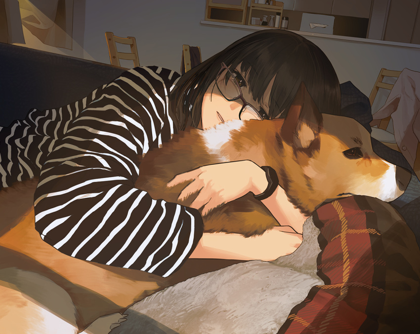 1girl bangs black_hair brown_eyes couch glasses hug looking_at_viewer lying medium_hair morifumi on_couch original parted_lips shirt solo striped striped_shirt symbol-only_commentary watch watch welsh_corgi