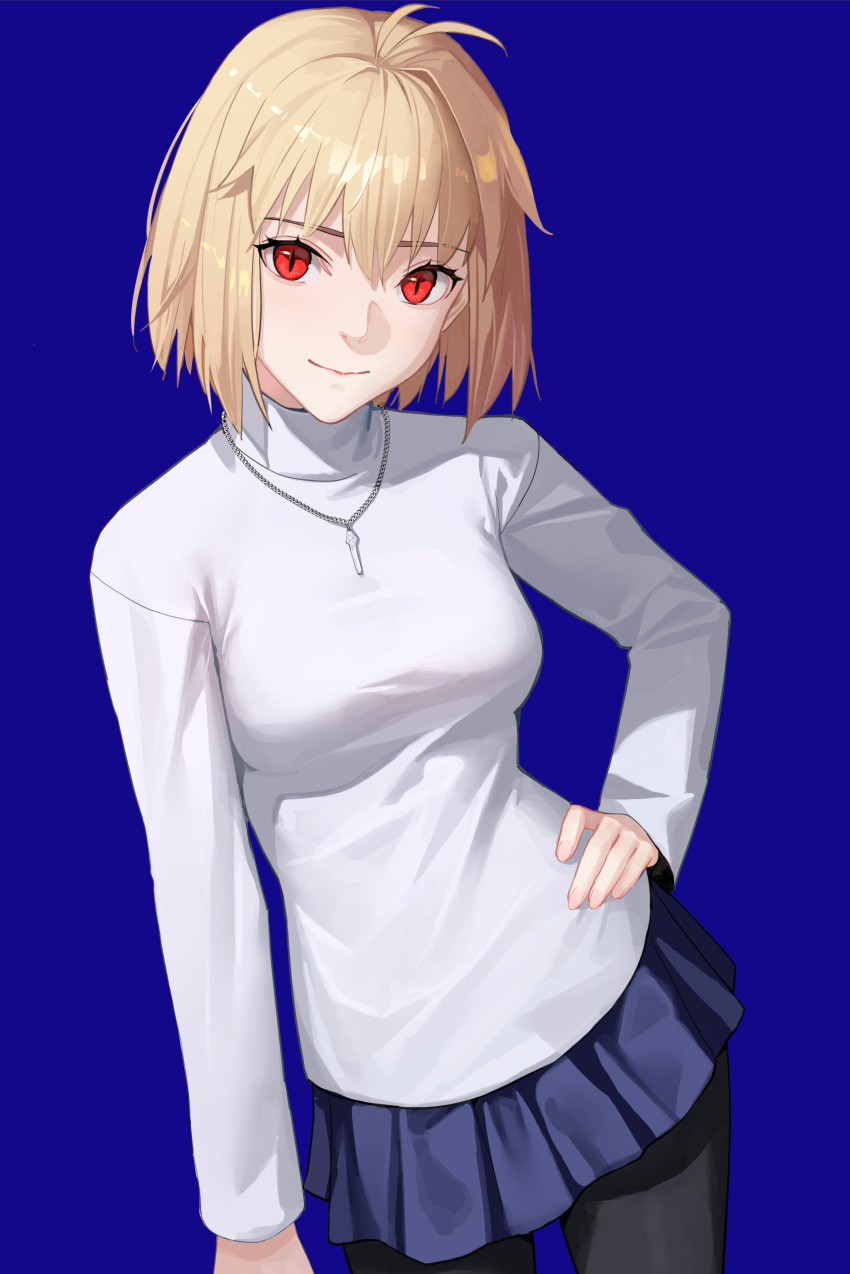 1girl absurdres antenna_hair arcueid_brunestud arm_at_side bangs black_legwear blonde_hair blue_background blue_skirt breasts closed_mouth commentary drid hair_between_eyes hand_on_hip highres jewelry long_sleeves looking_at_viewer medium_breasts miniskirt necklace pantyhose pleated_skirt red_eyes shirt short_hair simple_background skirt sleeves_past_wrists slit_pupils smile solo tsukihime white_shirt