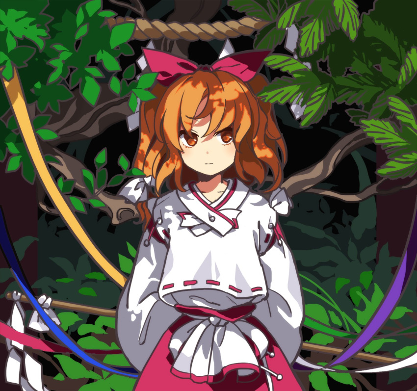 1girl arms_behind_back blonde_shrine_maiden_from_a_future_era_(touhou) blush bow detached_sleeves gohei hair_bow highres holding japanese_clothes kaigen_1025 kariginu long_sleeves looking_away orange_eyes orange_hair portrait_of_exotic_girls red_bow red_skirt ribbon-trimmed_shirt sash shirt short_hair skirt smile solo touhou white_sash white_shirt wide_sleeves