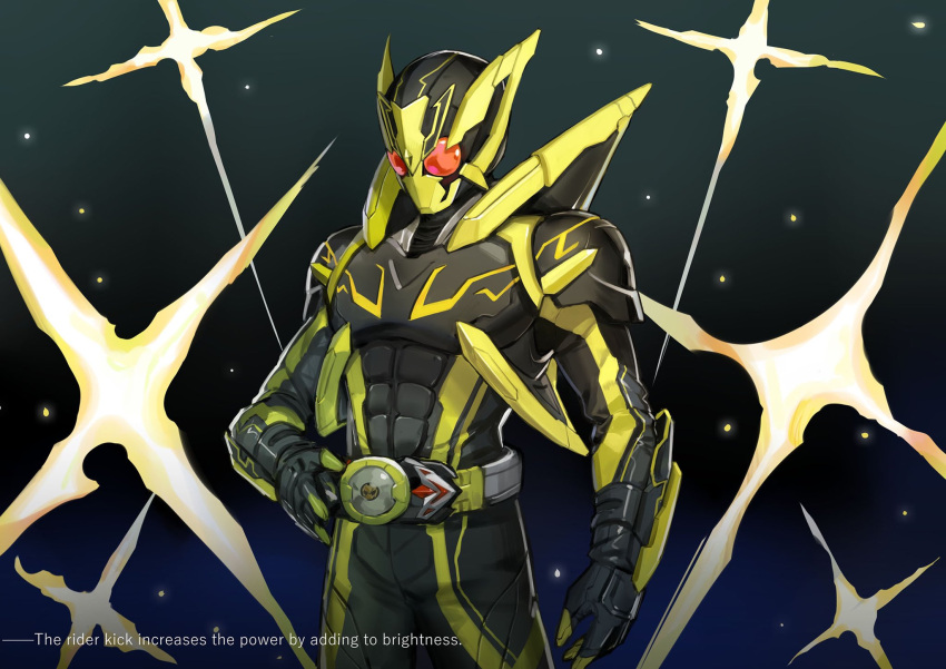 1boy alternate_costume antennae armor belt bug clenched_hand finishing_move gloves grasshopper green_armor helmet highres jiuri_jiuhao kamen_rider kamen_rider_01_(series) kamen_rider_zero-one light lightning male_focus power_armor red_eyes rider_belt shining_hopper solo standing zero_one_driver