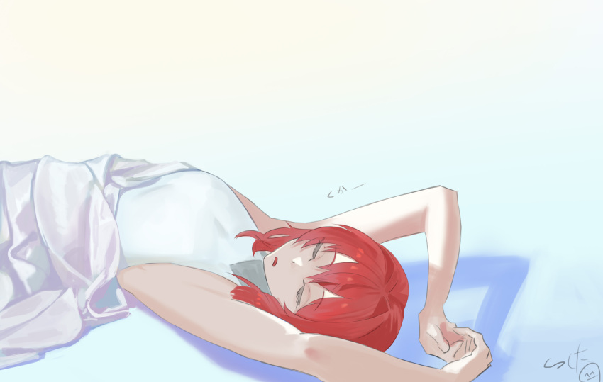 1girl absurdres ange_katrina armpits arms_up bangs bare_arms blue_background closed_eyes commentary gradient gradient_background highres lying medium_hair nicporim nijisanji on_back parted_lips redhead shadow shirt sleeping sleeveless sleeveless_shirt solo upper_body virtual_youtuber white_background white_shirt