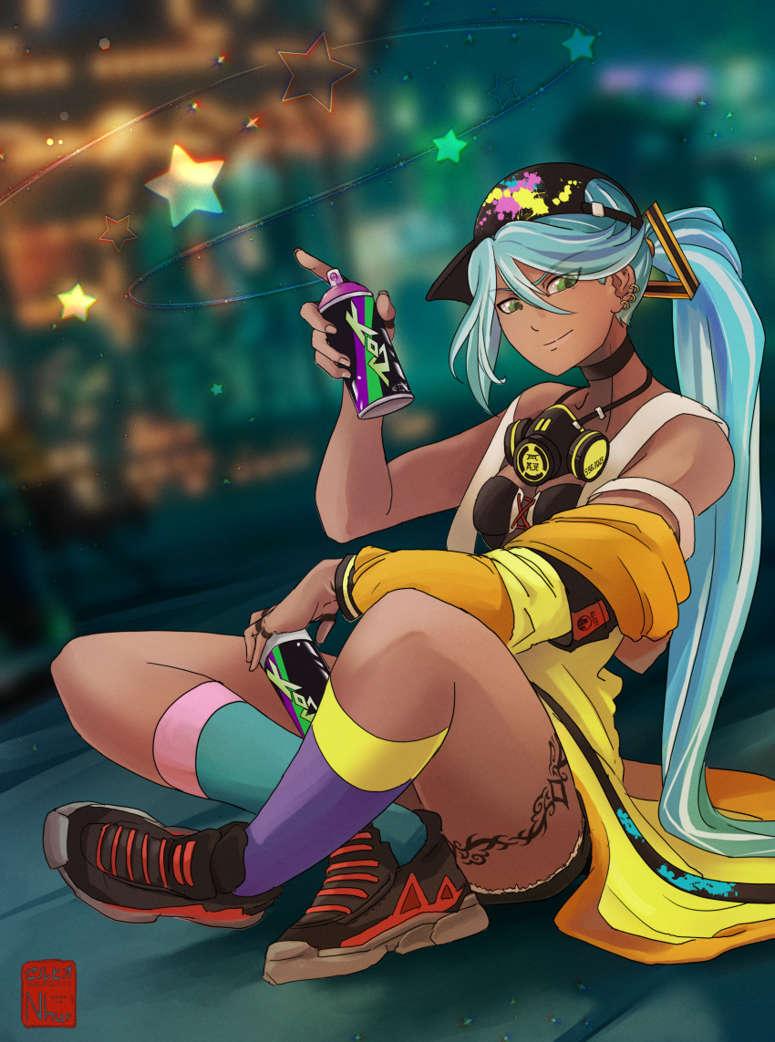 1girl absurdres aiming_at_viewer artist_name asymmetrical_legwear baseball_cap black_shorts boots breasts choker cutoffs dark-skinned_female dark_skin ear_piercing earrings front-tie_top graffiti green_eyes hair_ornament hair_over_one_eye hat highres hoop_earrings indian_style isla_(kof) jacket jewelry light_blue_hair long_hair looking_at_viewer mask mask_around_neck multiple_rings open_clothes open_jacket piercing ponytail respirator ring sergio_nhur shirt shorts signature sitting solo spray_can star_(symbol) tan the_king_of_fighters the_king_of_fighters_xv thumb_ring very_long_hair yellow_jacket yellow_legwear