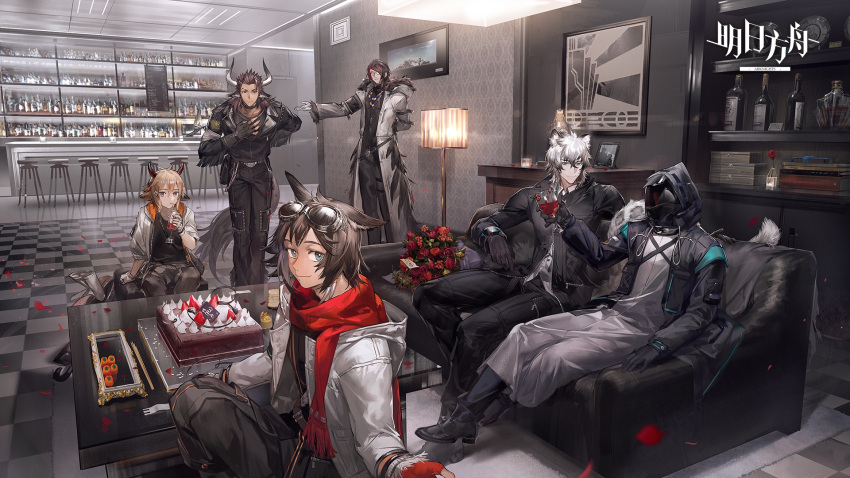 arknights birthday_cake bison_(arknights) cake couch courier_(arknights) doctor_(arknights) food gnosis_(arknights) highres matterhorn_(arknights) silverash_(arknights) sitting standing yyb