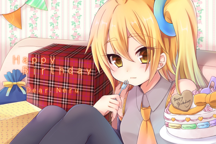 1girl :3 akita_neru bangs bare_shoulders birthday birthday_cake blonde_hair blush box cake closed_mouth collared_shirt couch english_text floral_print food fork gift gift_bag gift_box gradient_hair hair_ornament holding holding_fork indoors karasuma_nata knees_up light_smile long_hair looking_to_the_side macaron multicolored_hair necktie pantyhose pennant shirt side_ponytail sitting sleeveless sleeveless_shirt solo tsurime vocaloid yellow_eyes