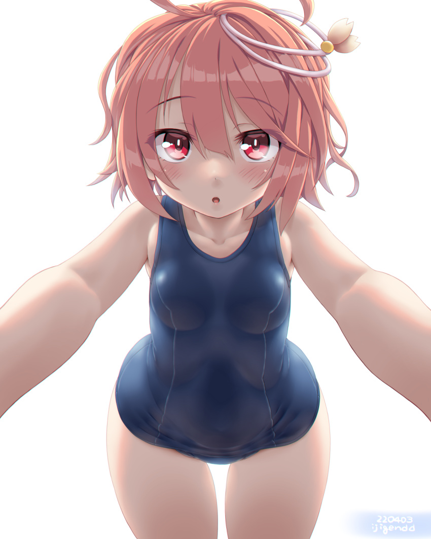 1girl ahoge bare_arms bare_legs bare_shoulders blue_swimsuit blush collarbone cowboy_shot dd_(ijigendd) eyebrows_visible_through_hair hair_between_eyes highres i-58_(kancolle) kantai_collection one-piece_swimsuit open_mouth pink_eyes pink_hair school_swimsuit short_hair simple_background solo swimsuit white_background
