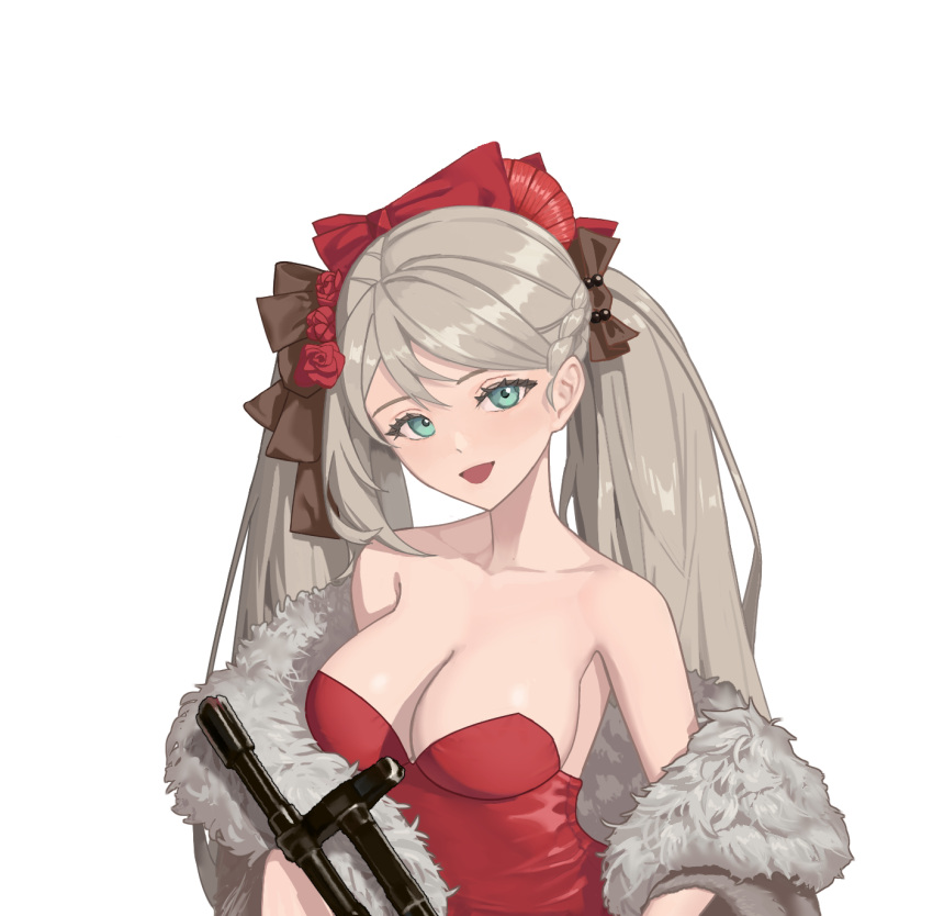1girl a-545_(girls'_frontline) assault_rifle bangs blush breasts dress fur-trimmed_jacket fur_trim girls_frontline green_eyes gun highres holding jacket long_hair looking_at_viewer lyuan545531 medium_breasts open_mouth red_dress revision rifle simple_background smile solo twintails upper_body weapon white_background