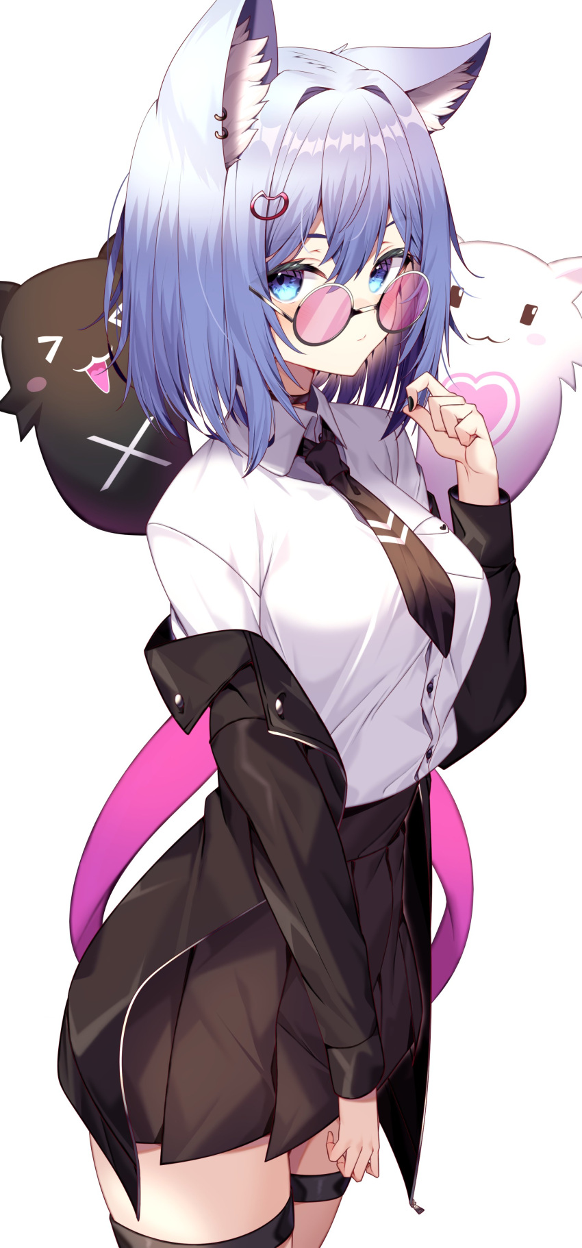 1girl absurdres animal_ears bangs black_choker black_jacket black_nails black_necktie black_skirt blue_eyes blue_hair breast_pocket breasts cat_ears choker collared_shirt commentary_request cowboy_shot dress_shirt glasses hair_between_eyes highres jacket jun_(aousa0328) light_blush looking_at_viewer medium_breasts medium_hair nail_polish necktie open_clothes open_jacket original pleated_skirt pocket round_eyewear shirt skirt solo thigh_strap thighs white_shirt wing_collar