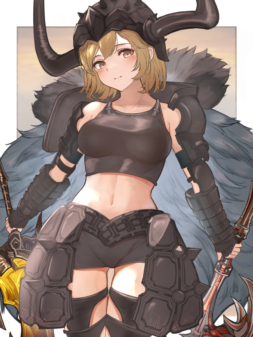 1girl armor asaikeu axe bangs black_shorts blonde_hair blush breasts cowboy_shot crop_top djeeta_(granblue_fantasy) fake_horns faulds fur_coat granblue_fantasy helmet highres holding holding_axe holding_sword holding_weapon horned_helmet horns impossible_clothes leg_armor looking_at_viewer medium_breasts navel short_hair shorts shoulder_armor smile solo split_mouth sword tank_top vambraces viking_(granblue_fantasy) weapon yellow_eyes