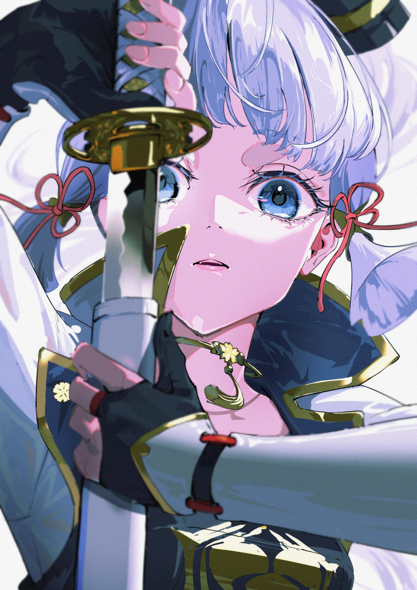 1girl absurdres arm_guards bangs black_gloves blue_capelet blue_eyes capelet drawing_sword eyebrows_visible_through_hair floating_hair flower_knot genshin_impact gloves hair_ribbon highres holding holding_sword holding_weapon jewelry kamisato_ayaka katana light_blue_hair long_hair looking_at_viewer neck_ring neck_tassel open_mouth otokoe partially_fingerless_gloves ribbon sheath solo sword tress_ribbon upper_body weapon white_background