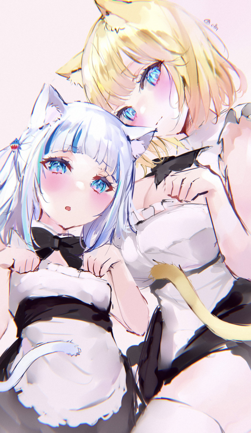 2girls absurdres alternate_costume animal_ears apron bangs black_bow black_bowtie blonde_hair blue_eyes blunt_bangs blush bow bowtie cat_ears cat_tail closed_mouth enmaided gawr_gura grey_background hands_up height_difference highres hololive hololive_english looking_at_viewer maid mile_(off8mile) multicolored_hair multiple_girls parted_lips paw_pose simple_background streaked_hair tail thigh-highs two_side_up watson_amelia white_apron white_hair white_legwear