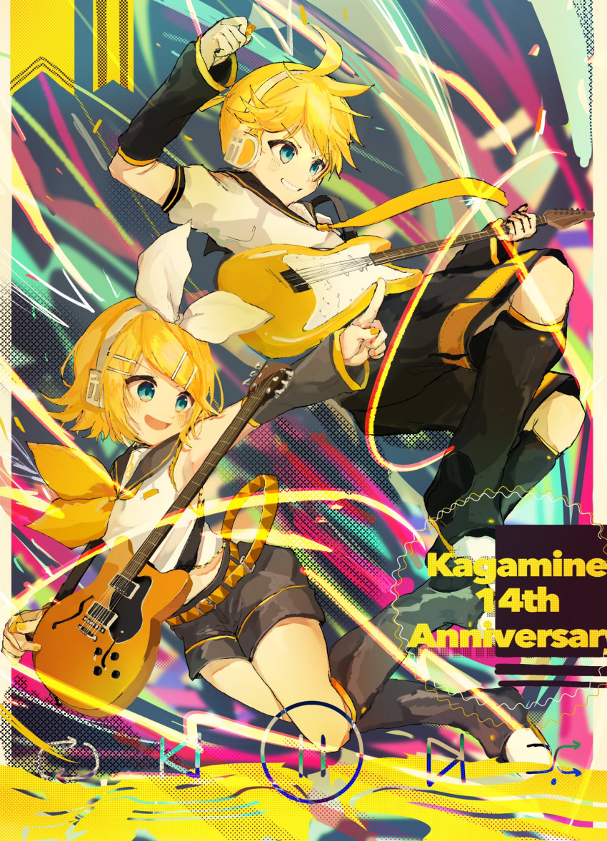 1boy 1girl aqua_eyes bass_clef blonde_hair blue_eyes bow brother_and_sister detached_sleeves electric_guitar guitar hair_bow headphones headset highres holding holding_plectrum instrument kagamine_len kagamine_rin leg_warmers music necktie playing_instrument plectrum pointing sailor_collar shorts siblings treble_clef twins vocaloid yellow_necktie yonikki