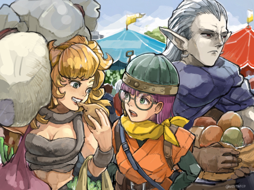 1boy 2girls abs artist_name ayla_(chrono_trigger) bag bangs bare_shoulders belt blonde_hair blue_cape blue_eyes blunt_bangs breasts brown_gloves cape carrying chrono_trigger closed_mouth commentary_request earrings festival forehead frown glasses gloves green_eyes hair_behind_ear helmet highres jewelry long_hair looking_at_another looking_away lucca_ashtear magus_(chrono_trigger) medium_breasts midriff multiple_girls open_mouth outdoors pale_skin pointy_ears purple_hair red_eyes red_lips scarf short_hair smile squinting tent tree tunic upper_body uzutanco yellow_scarf