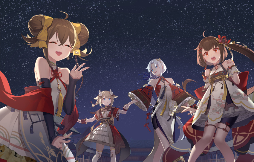 4girls absurdres blush brown_hair chinese_clothes chinese_new_year doge dress frostcyco hanser highres long_hair multiple_girls night night_sky sky smile star_(sky) starry_sky tagme virtual_youtuber white_hair