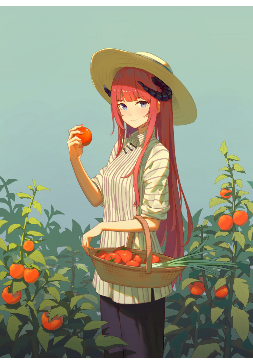 1girl absurdres alternate_costume arknights bagpipe_(arknights) bangs black_pants blue_background blue_eyes blue_sky blunt_bangs blush closed_mouth collared_shirt cowboy_shot day dhsl dragon_horns food fruit highres holding holding_food holding_fruit horns long_hair looking_at_viewer orange_hair outdoors pants plant shirt short_sleeves simple_background sky smile solo straight_hair striped striped_shirt tomato vertical-striped_shirt vertical_stripes very_long_hair white_shirt yellow_headwear