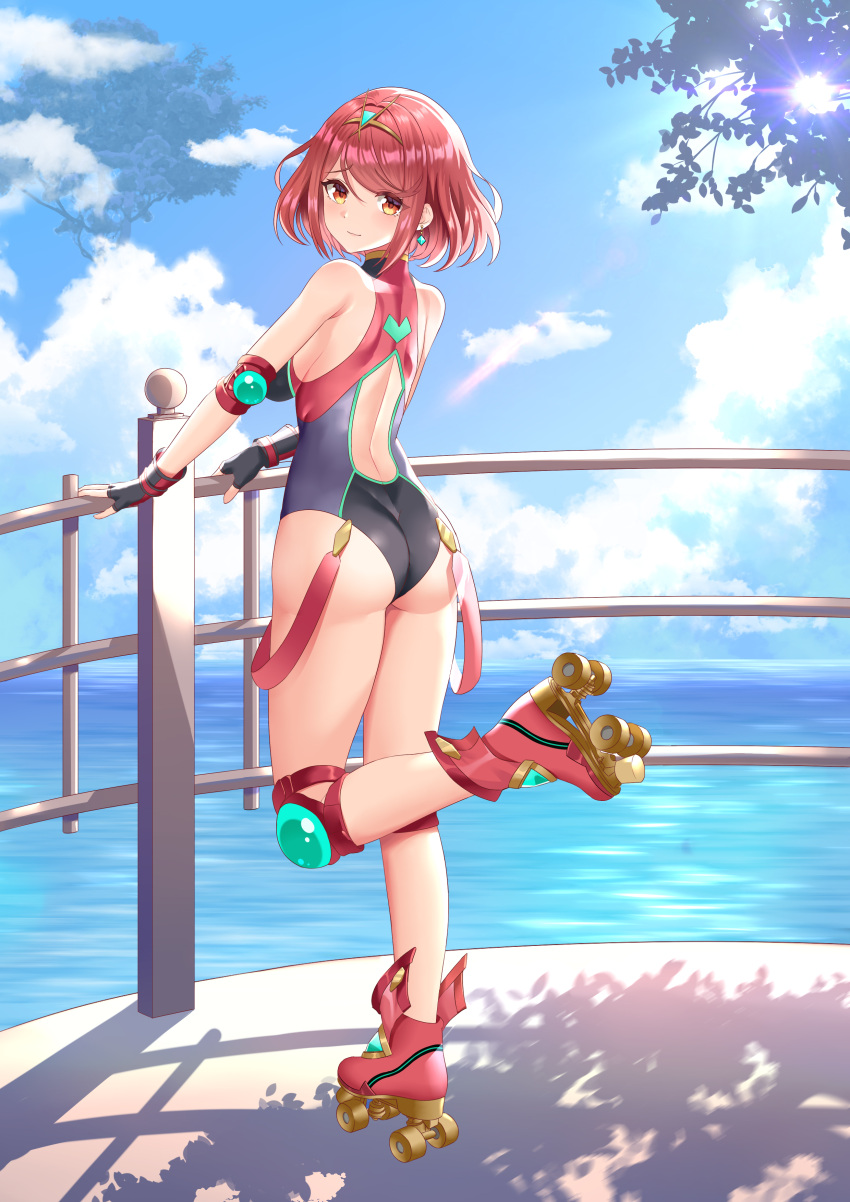 1girl absurdres bangs black_swimsuit breasts competition_swimsuit covered_collarbone headpiece highres large_breasts okazakileo one-piece_swimsuit pyra_(pro_swimmer)_(xenoblade) pyra_(xenoblade) red_eyes red_swimsuit redhead ribbed_swimsuit roller_skates short_hair skates solo striped striped_swimsuit swept_bangs swimsuit tiara two-tone_swimsuit vertical-striped_swimsuit vertical_stripes xenoblade_chronicles_(series) xenoblade_chronicles_2