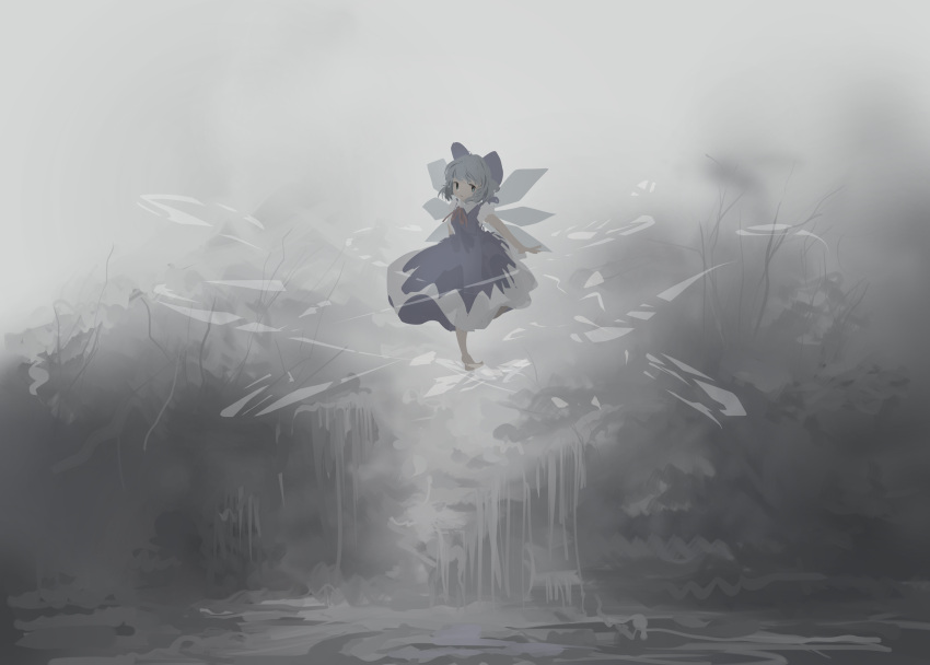 1girl absurdres blue_hair branch cirno full_body grey_background highres ice looking_at_viewer ribbon short_hair skirt solo touhou ushitsuchi wings