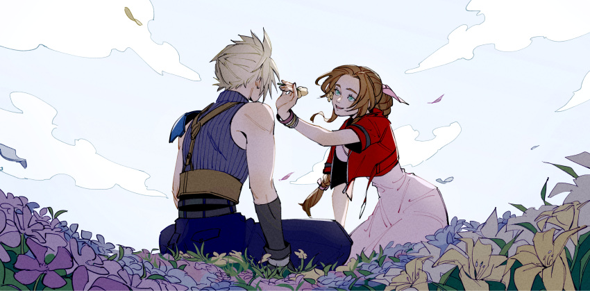 1boy 1girl absurdres aerith_gainsborough armor bangs belt blonde_hair blue_pants blue_shirt bracelet braid braided_ponytail breasts cloud_strife clouds cloudy_sky couple cropped_jacket dress falling_petals field final_fantasy final_fantasy_vii final_fantasy_vii_remake flower flower_field gloves green_eyes hair_ribbon highres holding holding_flower jacket jewelry kneeling long_dress long_hair medium_breasts multiple_belts muscular muscular_male oimo_(oimkimn) on_ground open_mouth pants parted_bangs petals pink_dress red_jacket ribbon shirt shoulder_armor sidelocks sky sleeveless sleeveless_turtleneck smile spiky_hair suspenders turtleneck wavy_hair