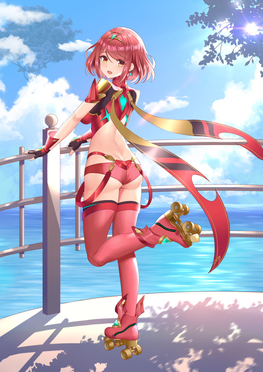 1girl absurdres bangs black_gloves breasts chest_jewel earrings fingerless_gloves gloves highres jewelry large_breasts okazakileo pyra_(xenoblade) red_eyes red_legwear red_shorts redhead roller_skates short_hair short_shorts shorts skates solo swept_bangs thigh-highs tiara xenoblade_chronicles_(series) xenoblade_chronicles_2