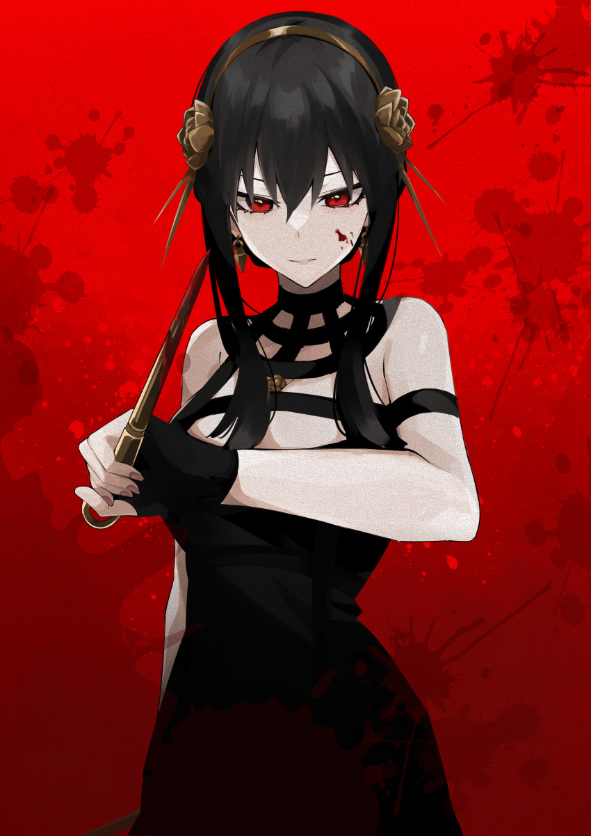 1girl absurdres black_dress black_gloves black_hair blood blood_on_face blood_on_weapon breasts dagger dress earrings fingerless_gloves gloves gold_earrings gold_hairband highres holding holding_dagger holding_weapon itame_moyashi jewelry knife large_breasts red_eyes rose_hair_ornament short_hair short_hair_with_long_locks sidelocks sleeveless sleeveless_dress solo spy_x_family weapon yor_briar