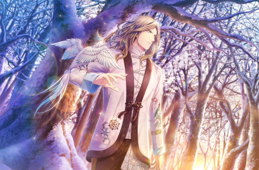 1boy animal_on_arm bangs bare_tree bird bird_on_arm black_pants blue_eyes camus_(uta_no_prince-sama) chinese_clothes cowboy_shot dragon_print dutch_angle earrings embroidery flower_knot forest game_cg highres jacket jewelry lace lens_flare light_particles light_smile long_hair long_sleeves looking_afar looking_to_the_side male_focus nature official_art outdoors pants parted_bangs platinum_blonde_hair shirt single_earring snow snowflake_print solo standing sunrise tangzhuang tassel tassel_earrings third-party_source tree uta_no_prince-sama uta_no_prince-sama:_shining_live white_bird white_jacket white_shirt winter