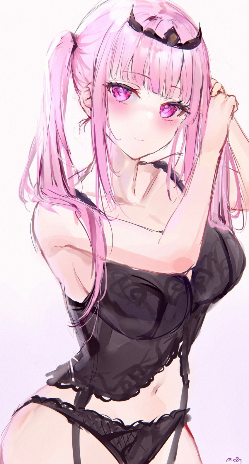 1girl alternate_hairstyle black_panties blush breasts closed_mouth cowboy_shot crown hands_up highres hololive hololive_english large_breasts looking_at_viewer mile_(off8mile) mori_calliope navel panties pink_eyes pink_hair signature solo twintails tying_hair underwear