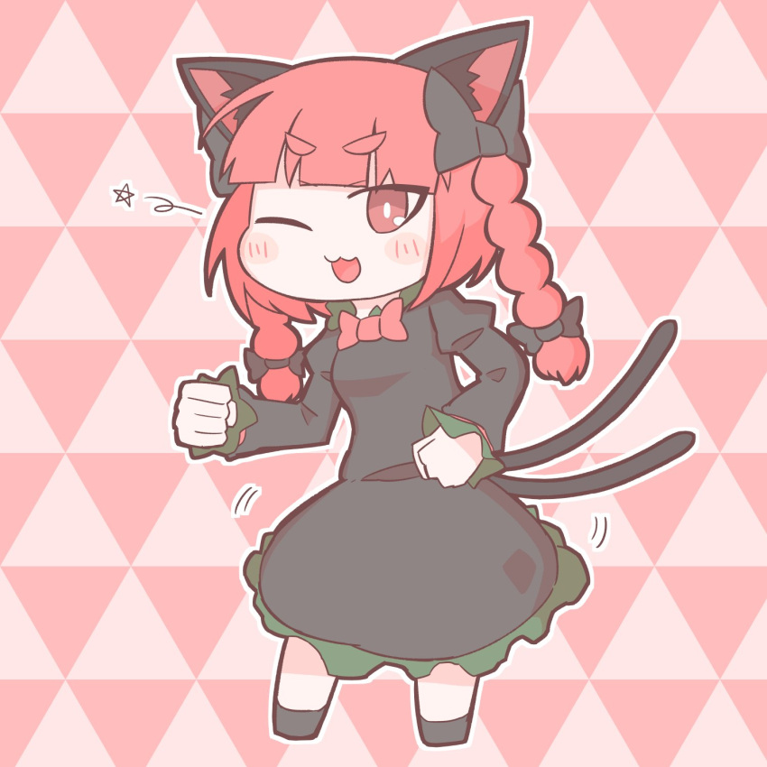 1girl ;3 ;d animal_ears blush bow braid cat_ears cat_tail chibi dancing dress eyebrows_visible_through_hair fang full_body hair_bow highres kaenbyou_rin long_hair long_sleeves multiple_tails nekomata one_eye_closed open_mouth pink_background red_eyes redhead simple_background smile solo tail touhou twin_braids zenerat