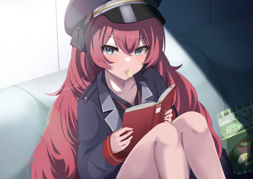 1girl absurdres black_shirt blue_archive blush book collarbone couch food_in_mouth halo hat highres iroha_(blue_archive) jacket knees_up looking_at_viewer military military_hat military_uniform mouth_hold necktie reading red_necktie redhead shirt sitting snack solo uniform urabesunahito
