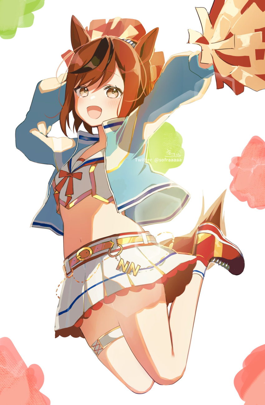 1girl :d absurdres animal_ears arms_up bangs blue_jacket brown_eyes brown_hair commentary_request crop_top cropped_jacket eyebrows_visible_through_hair full_body highres holding horse_ears horse_girl horse_tail jacket long_sleeves looking_at_viewer midair midriff multicolored_hair navel nice_nature_(run&amp;win)_(umamusume) nice_nature_(umamusume) open_clothes open_jacket pleated_skirt pom_pom_(cheerleading) ponytail puffy_long_sleeves puffy_sleeves red_footwear roar_yell!_tracen_academy_cheerleading_squad_(umamusume) sailor_collar shirt shoes signature skirt smile socks sofra solo streaked_hair tail twitter_username umamusume white_background white_legwear white_sailor_collar white_shirt white_skirt