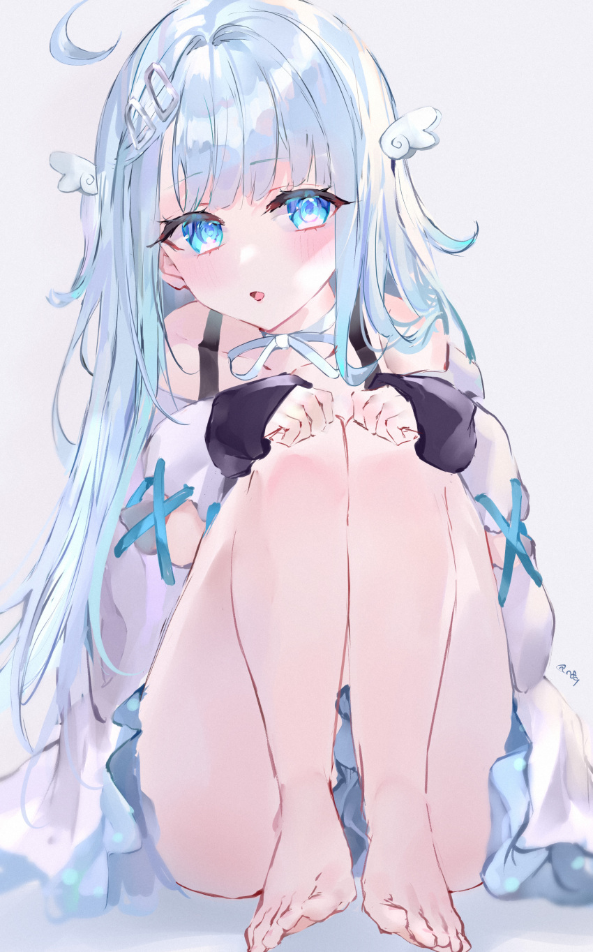 1girl absurdres ahoge amatsuka_uto barefoot blue_eyes blue_hair highres indie_virtual_youtuber legs_together long_hair long_sleeves looking_at_viewer mile_(off8mile) parted_lips signature sitting solo