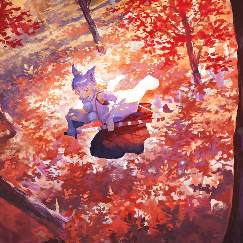 1girl animal_ears armpits arms_up autumn autumn_leaves bangs black_skirt blush closed_mouth commentary_request detached_sleeves eyebrows_visible_through_hair fjsmu forest grey_hair grey_shirt hands_up highres inubashiri_momiji leaf leg_up long_sleeves looking_back nature no_hat no_headwear no_tail pink_eyes pom_pom_(clothes) red_footwear red_skirt reflection running scenery shirt shoes short_hair skirt solo sunlight sword touhou tree water weapon wide_sleeves wolf_ears